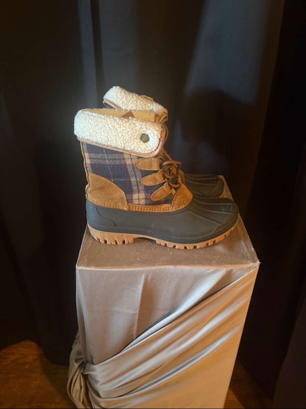 Women’s Brown Plaid Winter Snow Boots with Shearling Collar